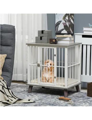 PawHut Dog Crate Furniture, Indoor Pet Kennel Cage, Top End Table w/ Soft Cushion, Lockable Door, for Small Dogs, 64.5 x 48 x 70