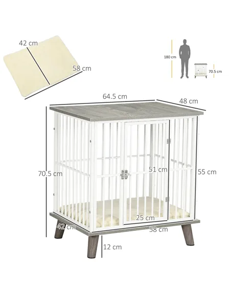 PawHut Dog Crate Furniture, Indoor Pet Kennel Cage, Top End Table w/ Soft Cushion, Lockable Door, for Small Dogs, 64.5 x 48 x 70