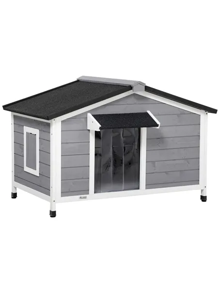 PawHut Wooden Dog Kennel for Outside, for Medium Dogs, 72H x 109L x 79Wcm, Grey