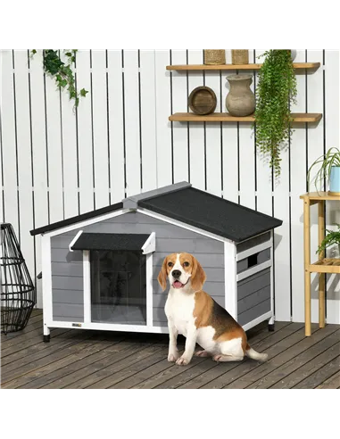 PawHut Wooden Dog Kennel for Outside, for Medium Dogs, 72H x 109L x 79Wcm, Grey