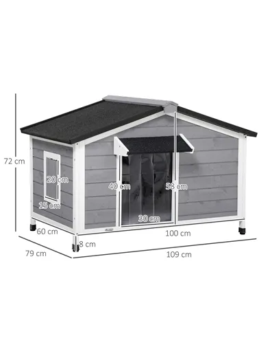 PawHut Wooden Dog Kennel for Outside, for Medium Dogs, 72H x 109L x 79Wcm, Grey