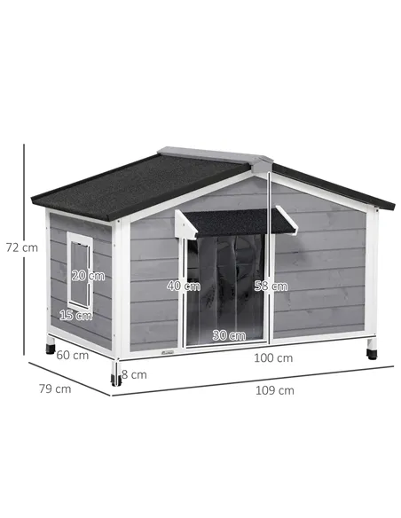 PawHut Wooden Dog Kennel for Outside, for Medium Dogs, 72H x 109L x 79Wcm, Grey