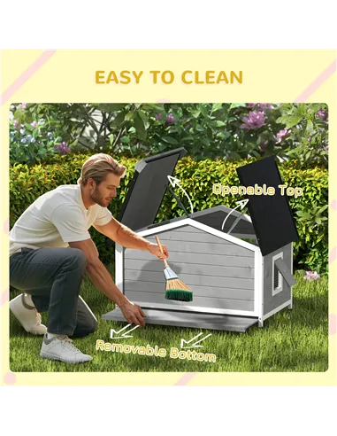 PawHut Wooden Dog Kennel for Outside, for Medium Dogs, 72H x 109L x 79Wcm, Grey