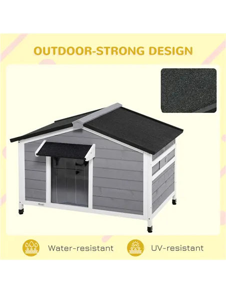PawHut Wooden Dog Kennel for Outside, for Medium Dogs, 72H x 109L x 79Wcm, Grey