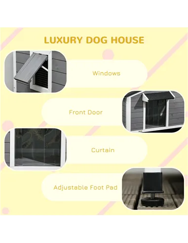 PawHut Wooden Dog Kennel for Outside, for Medium Dogs, 72H x 109L x 79Wcm, Grey