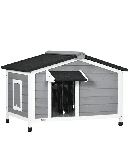 PawHut Wooden Dog Kennel for Outside, for Medium Dogs, 65H x 97L x 72Wcm, Grey