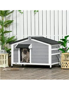 PawHut Wooden Dog Kennel for Outside, for Medium Dogs, 65H x 97L x 72Wcm, Grey 2