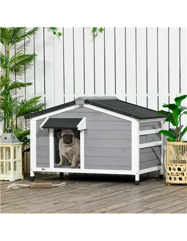 PawHut Wooden Dog Kennel for Outside, for Medium Dogs, 65H x 97L x 72Wcm, Grey