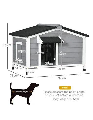 PawHut Wooden Dog Kennel for Outside, for Medium Dogs, 65H x 97L x 72Wcm, Grey