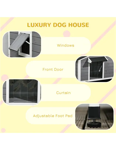 PawHut Wooden Dog Kennel for Outside, for Medium Dogs, 65H x 97L x 72Wcm, Grey