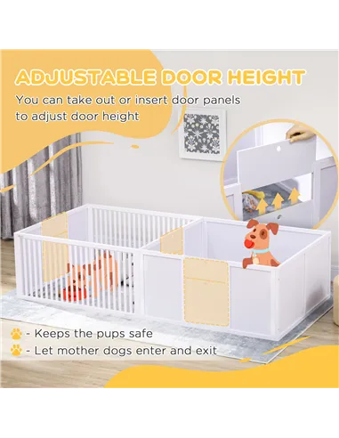 PawHut 7 Panels Playpen with 3 Doors for Baby Dogs, Two-Room Design Puppy Whelping Box - White