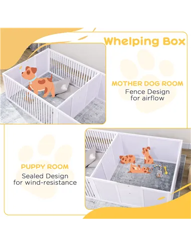 PawHut 7 Panels Playpen with 3 Doors for Baby Dogs, Two-Room Design Puppy Whelping Box - White