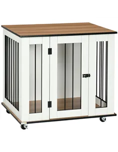 PawHut Dog Crate Furniture, Dog Cage End Table, with Wheels, for Medium Dogs, 80 x 60 x 76.5cm  - White
