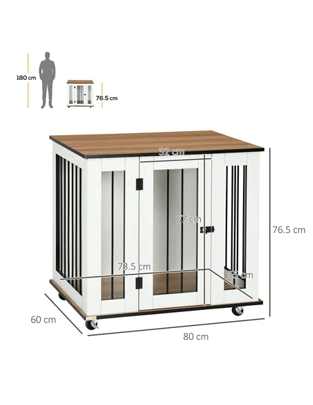 PawHut Dog Crate Furniture, Dog Cage End Table, with Wheels, for Medium Dogs, 80 x 60 x 76.5cm  - White