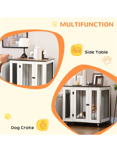 PawHut Dog Crate Furniture, Dog Cage End Table, with Wheels, for Medium Dogs, 80 x 60 x 76.5cm  - White