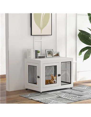 PawHut 2-in-1 Dog Cage & Side Table, with Two Doors, Cushion, for Large Dogs