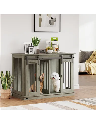 PawHut Dog Crate Furniture for Large Dogs, Double Dog Cage for Small Dogs, with Divider - Grey