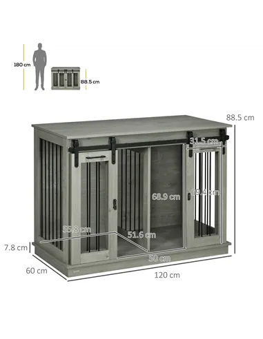 PawHut Dog Crate Furniture for Large Dogs, Double Dog Cage for Small Dogs, with Divider - Grey