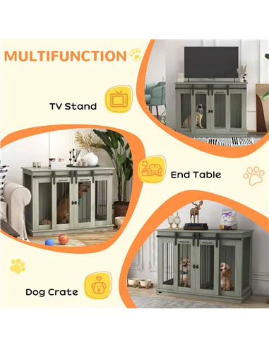 PawHut Dog Crate Furniture for Large Dogs, Double Dog Cage for Small Dogs, with Divider - Grey