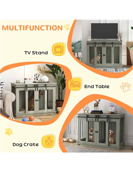 PawHut Dog Crate Furniture for Large Dogs, Double Dog Cage for Small Dogs, with Divider - Grey