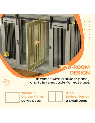PawHut Dog Crate Furniture for Large Dogs, Double Dog Cage for Small Dogs, with Divider - Grey