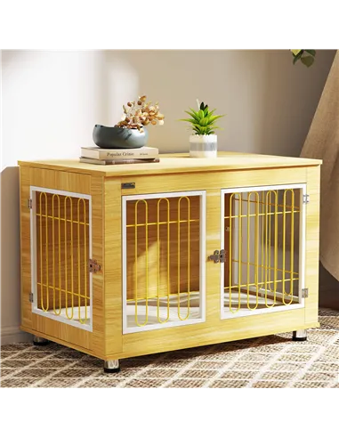PawHut Dog Crate Furniture, Dog Cage End Table. with Soft Cushion, Double Door - Oak Tone