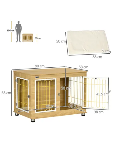 PawHut Dog Crate Furniture, Dog Cage End Table. with Soft Cushion, Double Door - Oak Tone