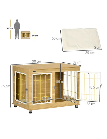 PawHut Dog Crate Furniture, Dog Cage End Table. with Soft Cushion, Double Door - Oak Tone