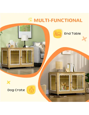 PawHut Dog Crate Furniture, Dog Cage End Table. with Soft Cushion, Double Door - Oak Tone