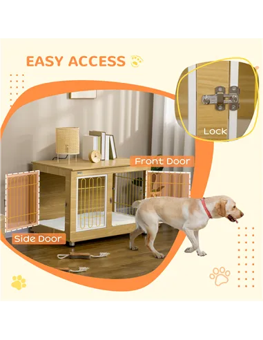 PawHut Dog Crate Furniture, Dog Cage End Table. with Soft Cushion, Double Door - Oak Tone