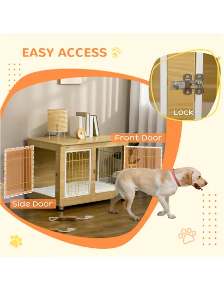 PawHut Dog Crate Furniture, Dog Cage End Table. with Soft Cushion, Double Door - Oak Tone