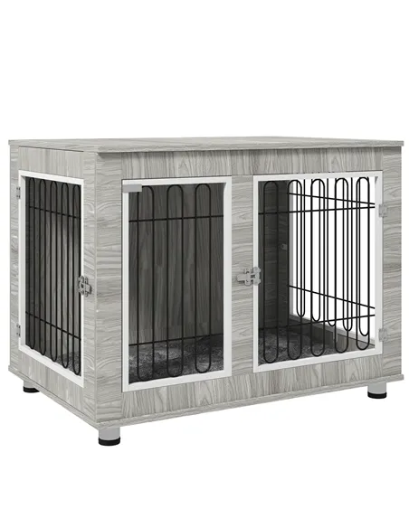 PawHut Indoor Dog Kennel w/ Soft Cushion, Double Door for Large Dogs, 106 x 74 x 81.5cm, Grey