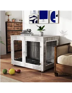 PawHut Indoor Dog Kennel w/ Soft Cushion, Double Door for Large Dogs, 106 x 74 x 81.5cm, Grey 2