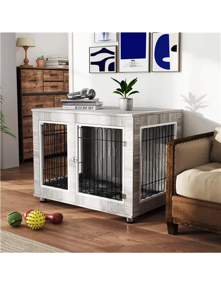PawHut Indoor Dog Kennel w/ Soft Cushion, Double Door for Large Dogs, 106 x 74 x 81.5cm, Grey