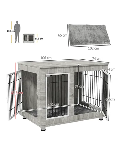 PawHut Indoor Dog Kennel w/ Soft Cushion, Double Door for Large Dogs, 106 x 74 x 81.5cm, Grey