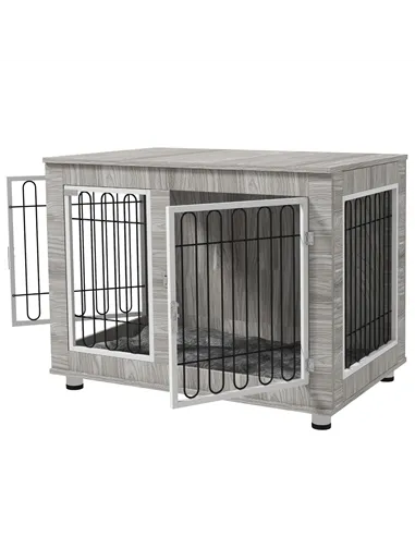 PawHut Indoor Dog Kennel w/ Soft Cushion, Double Door for Large Dogs, 106 x 74 x 81.5cm, Grey