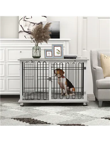 PawHut Indoor Dog Crate Furniture, Side End Table, with Soft Washable Cushion, Lockable Doors, for Large Dogs