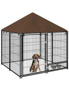 PawHut Outdoor Dog Kennel Puppy Play Pen with Canopy Garden Playpen Fence Crate Enclosure Cage Rotating Bowl 141 x 141 x 151 cm