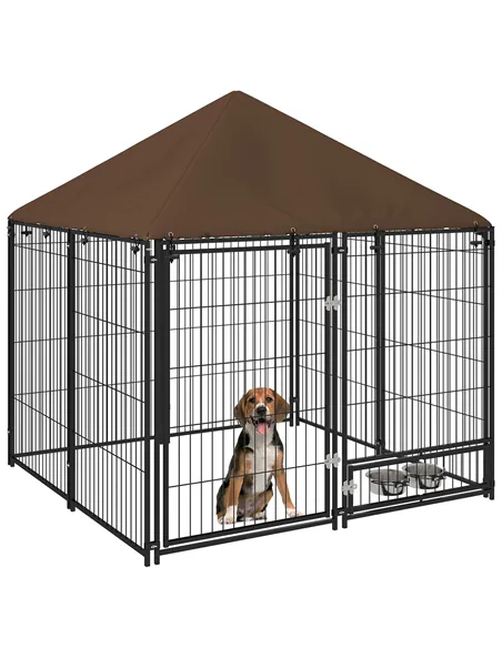 PawHut Outdoor Dog Kennel Puppy Play Pen with Canopy Garden Playpen Fence Crate Enclosure Cage Rotating Bowl 141 x 141 x 151 cm