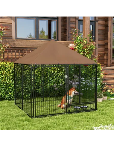PawHut Outdoor Dog Kennel Puppy Play Pen with Canopy Garden Playpen Fence Crate Enclosure Cage Rotating Bowl 141 x 141 x 151 cm