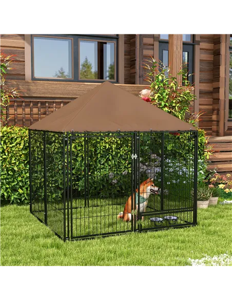 PawHut Outdoor Dog Kennel Puppy Play Pen with Canopy Garden Playpen Fence Crate Enclosure Cage Rotating Bowl 141 x 141 x 151 cm