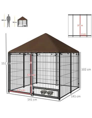 PawHut Outdoor Dog Kennel Puppy Play Pen with Canopy Garden Playpen Fence Crate Enclosure Cage Rotating Bowl 141 x 141 x 151 cm