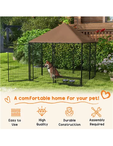 PawHut Outdoor Dog Kennel Puppy Play Pen with Canopy Garden Playpen Fence Crate Enclosure Cage Rotating Bowl 141 x 141 x 151 cm