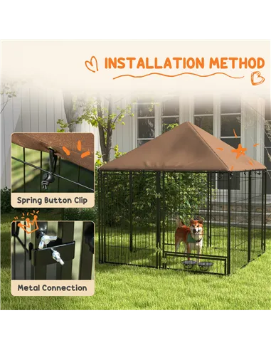 PawHut Outdoor Dog Kennel Puppy Play Pen with Canopy Garden Playpen Fence Crate Enclosure Cage Rotating Bowl 141 x 141 x 151 cm