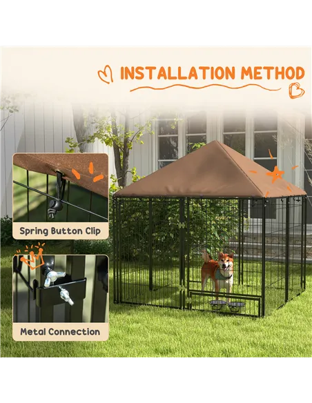 PawHut Outdoor Dog Kennel Puppy Play Pen with Canopy Garden Playpen Fence Crate Enclosure Cage Rotating Bowl 141 x 141 x 151 cm
