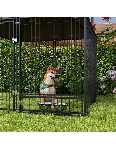 PawHut Outdoor Dog Kennel Puppy Play Pen with Canopy Garden Playpen Fence Crate Enclosure Cage Rotating Bowl 141 x 141 x 151 cm