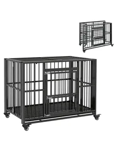 PawHut 43" Heavy Duty Dog Crate, Foldable Dog Cage, with Openable Top, Locks, Removable Tray, Wheels - Black