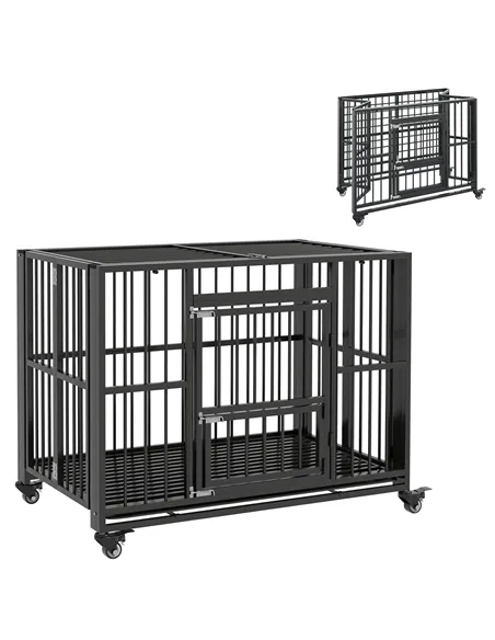 PawHut 43" Heavy Duty Dog Crate, Foldable Dog Cage, with Openable Top, Locks, Removable Tray, Wheels - Black
