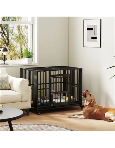PawHut 43" Heavy Duty Dog Crate, Foldable Dog Cage, with Openable Top, Locks, Removable Tray, Wheels - Black