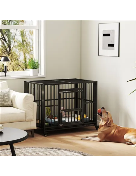 PawHut 43" Heavy Duty Dog Crate, Foldable Dog Cage, with Openable Top, Locks, Removable Tray, Wheels - Black